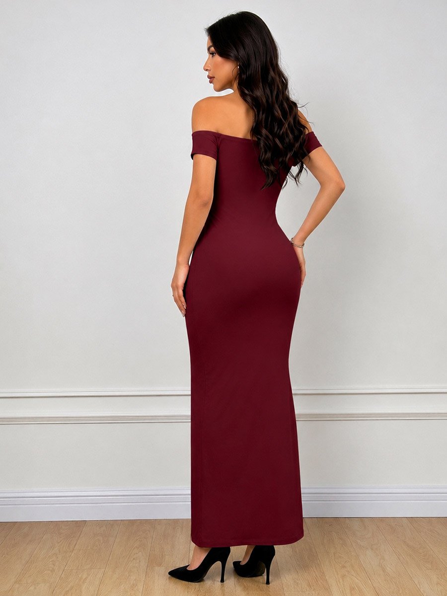 Red Off Shoulder Mermaid Hem Midi Dress