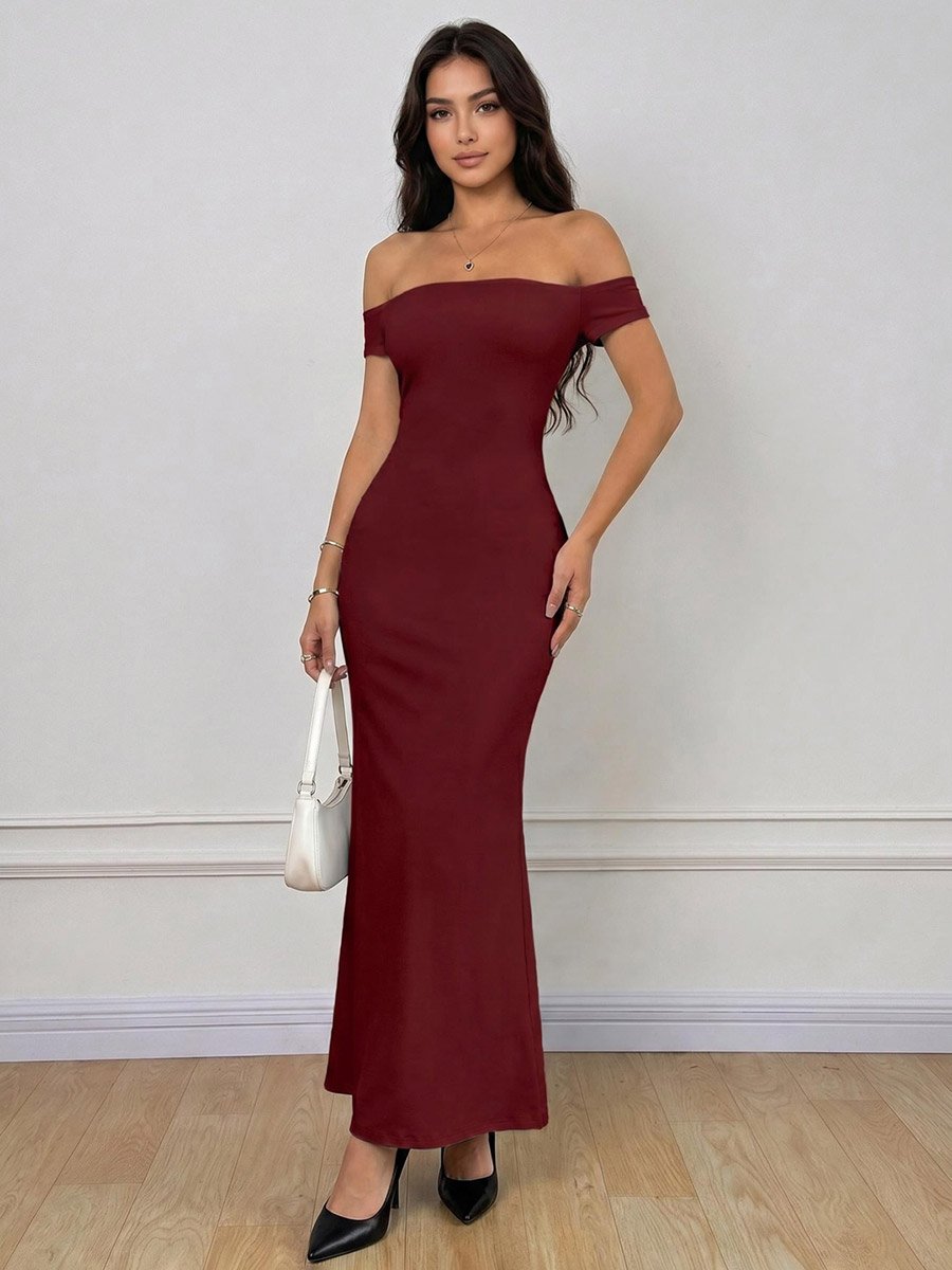 Red Off Shoulder Mermaid Hem Midi Dress