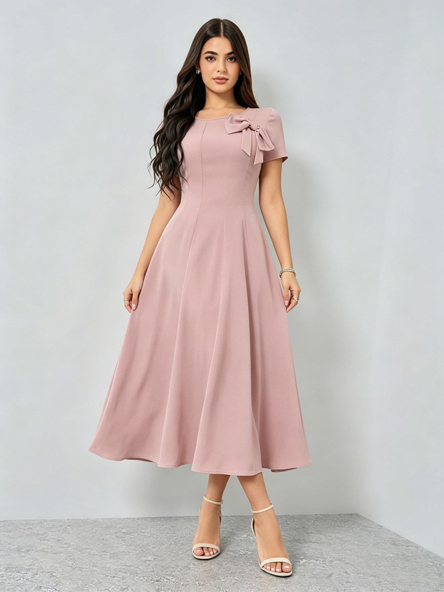 Pink Bow Detail A-Line Midi Dress