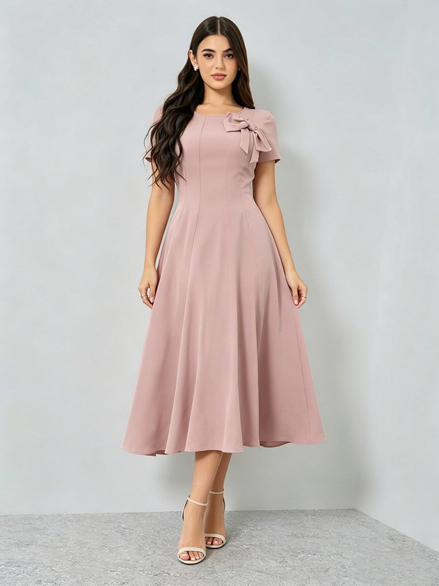 Pink Bow Detail A-Line Midi Dress