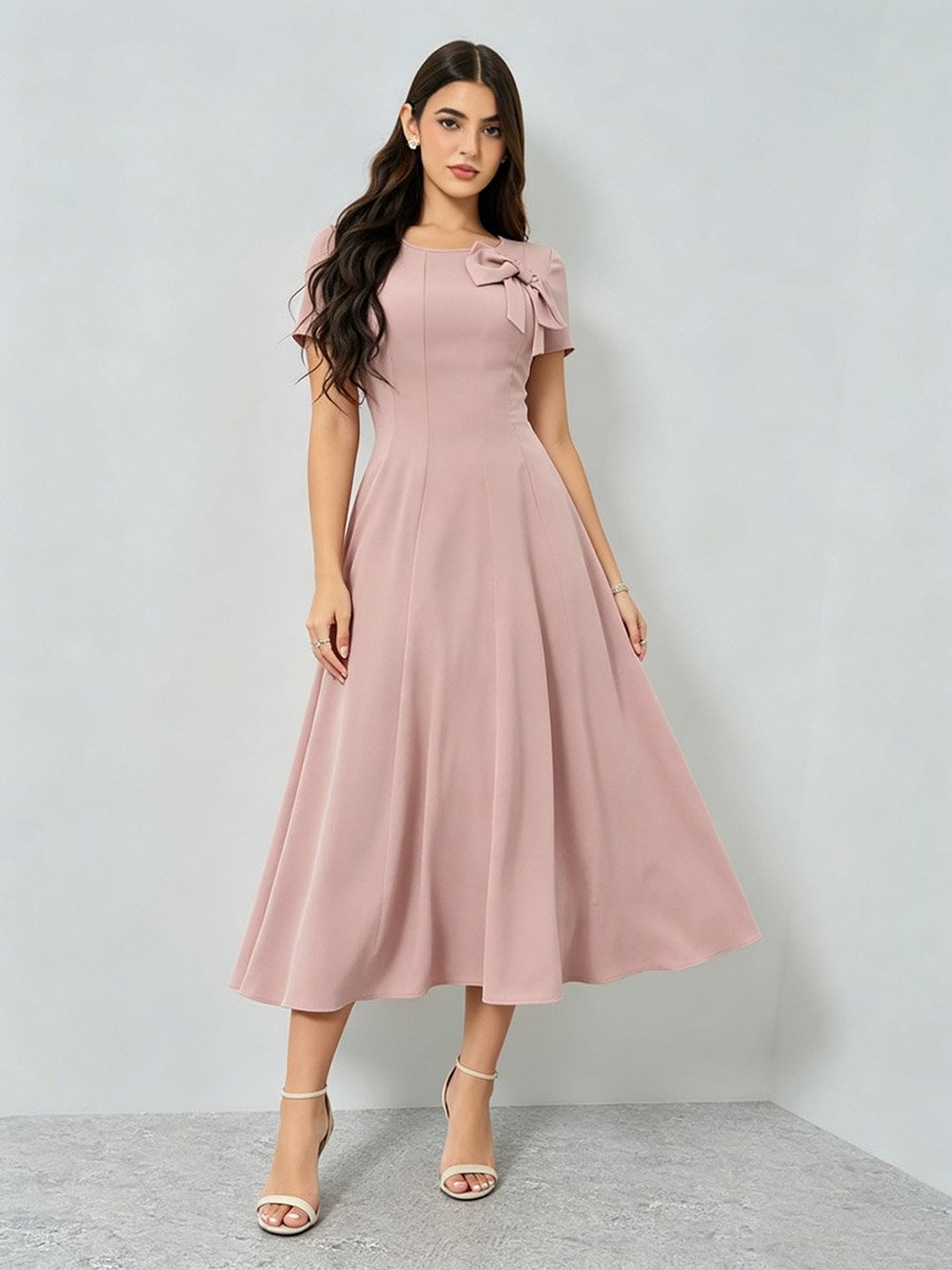 Pink Bow Detail A-Line Midi Dress
