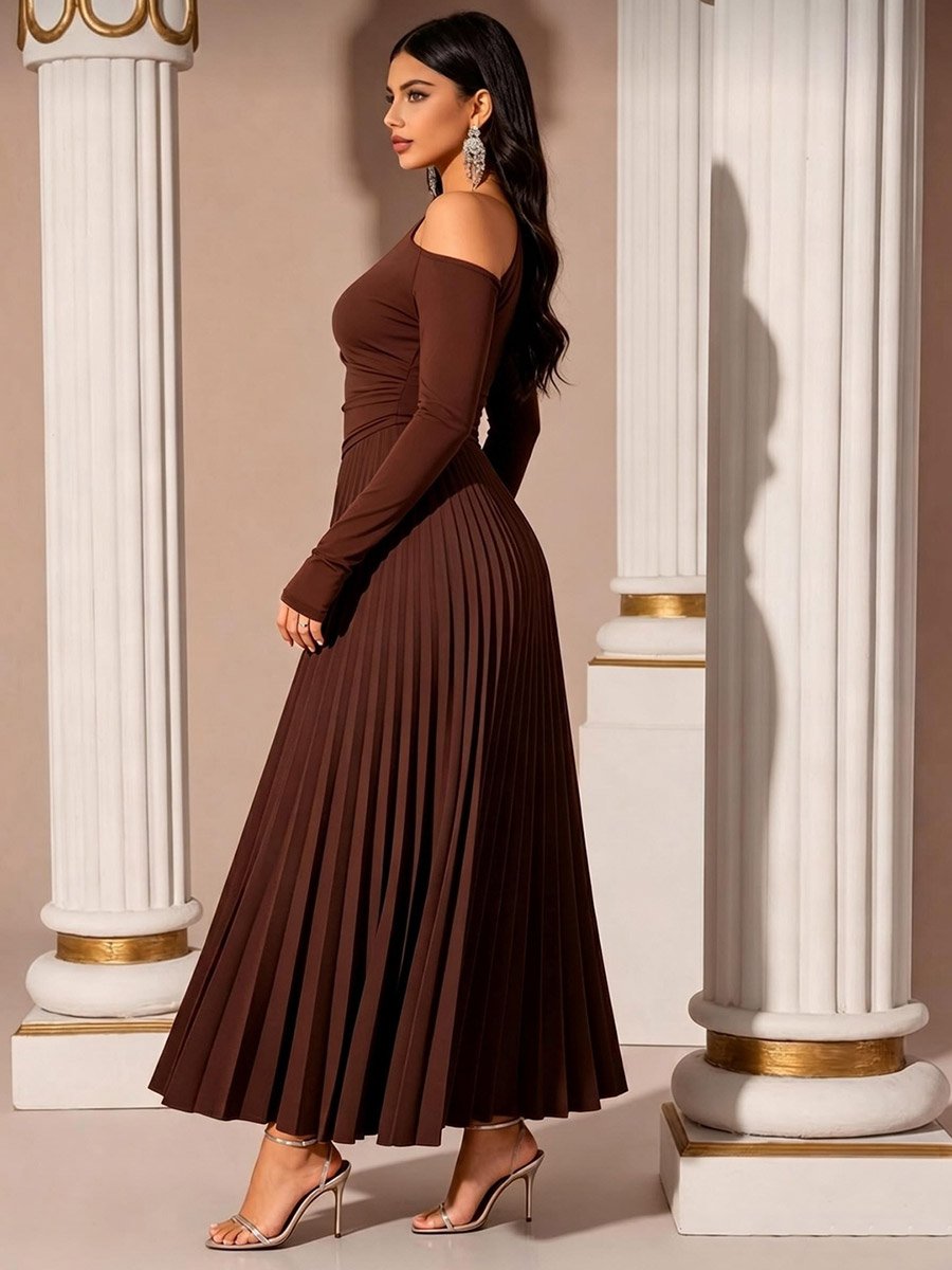 Brown Pleated A-Line Maxi Dress