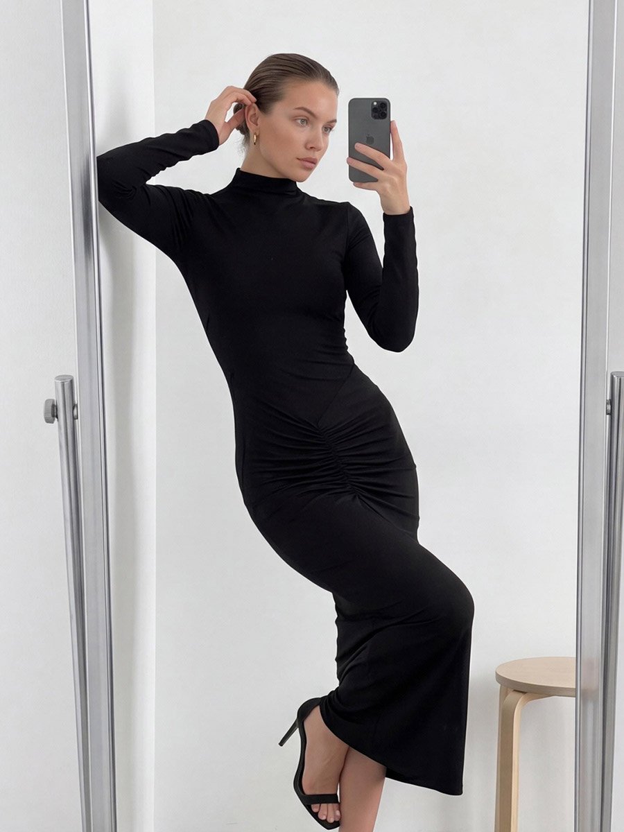 Black Ruched Bodycon Maxi Dress