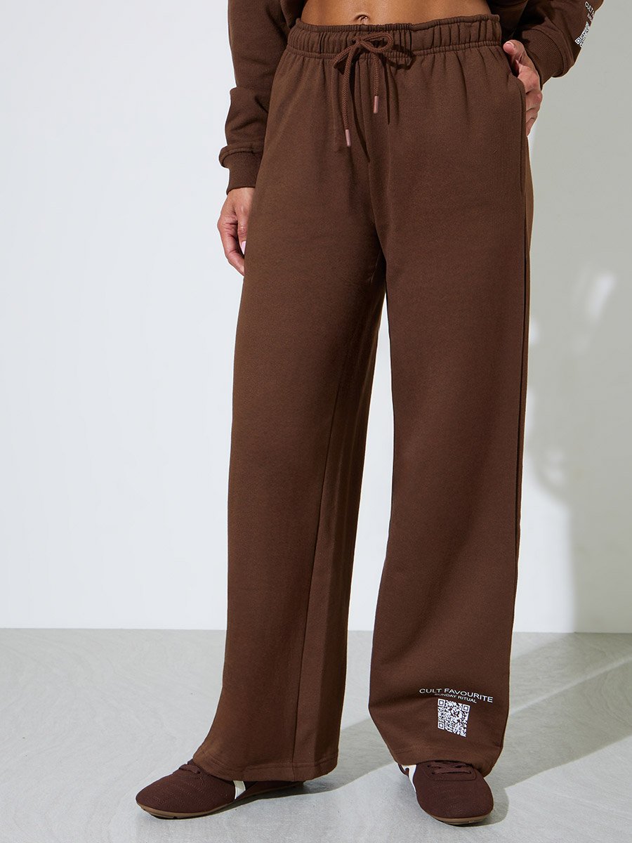 Brown Printed Wide Leg Mid Rise Joogers
