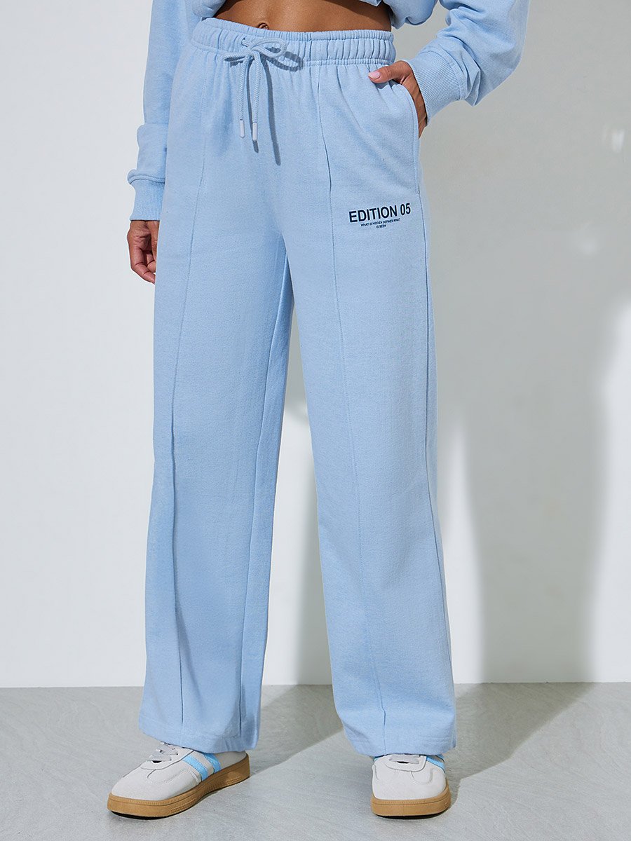 Light Blue Slogan Print Wide leg Joggers