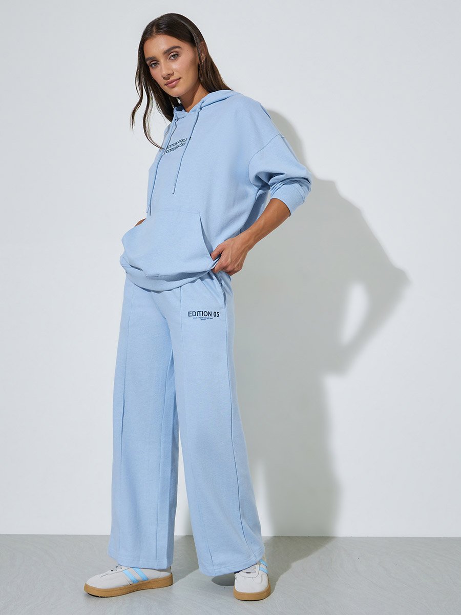 Light Blue Slogan Print Wide leg Joggers