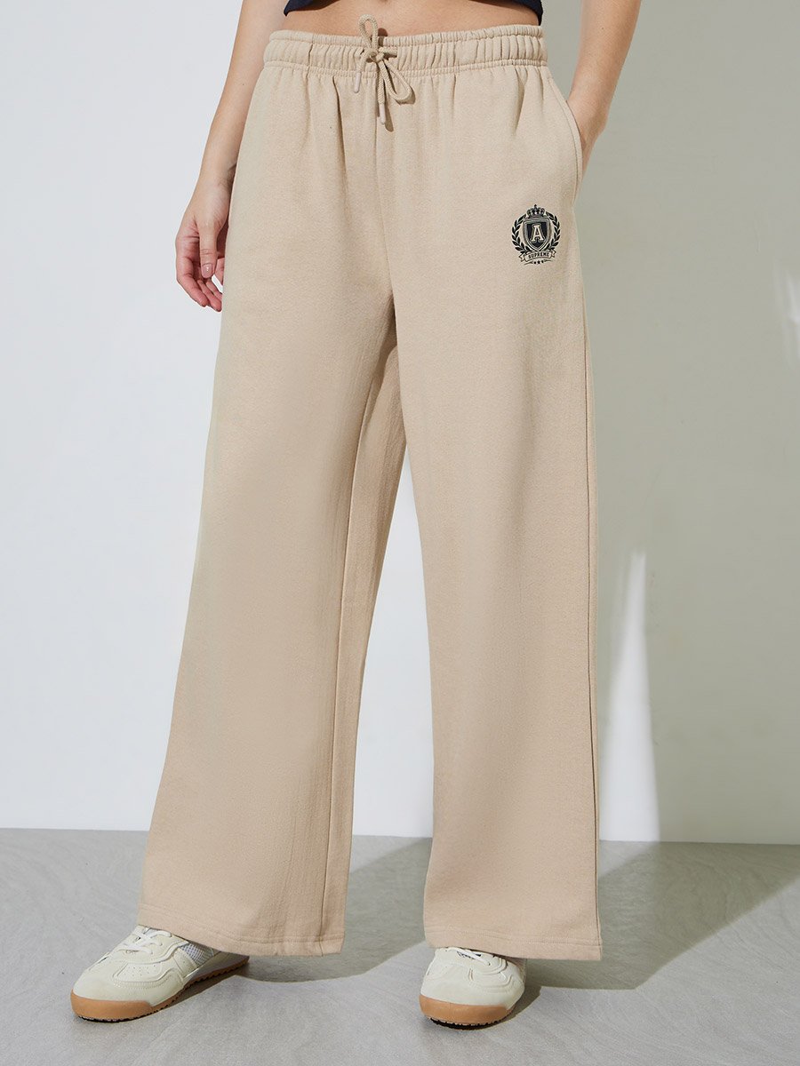 Beige Fleece Wide Leg Joggers
