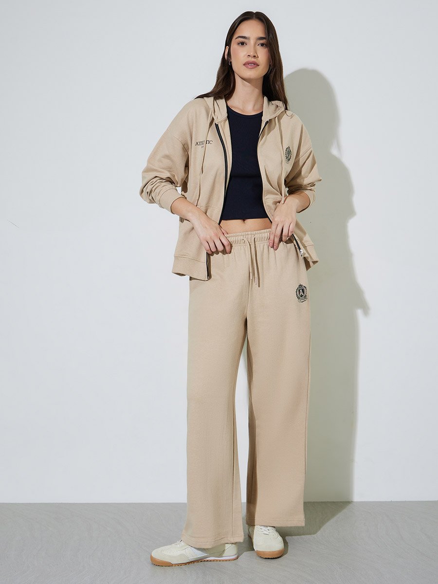 Beige Fleece Wide Leg Joggers