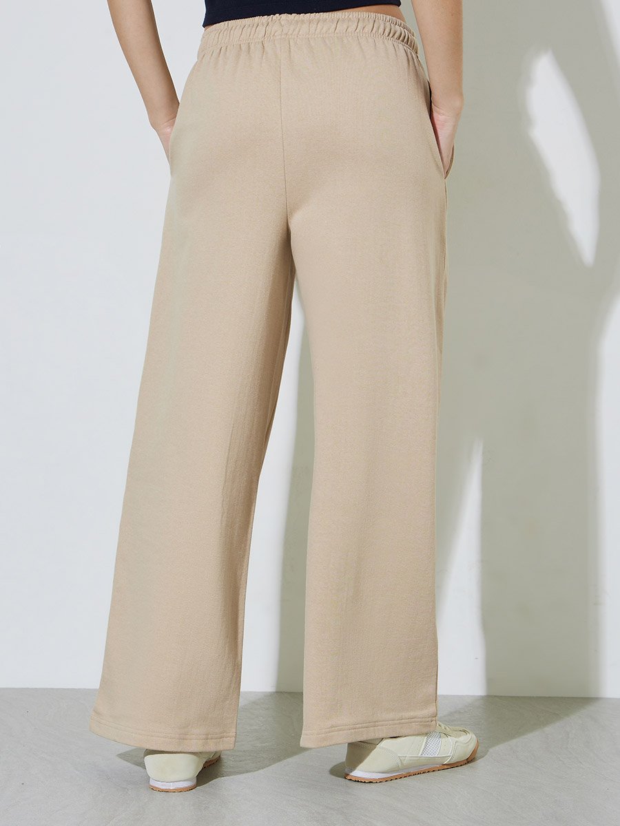 Beige Fleece Wide Leg Joggers