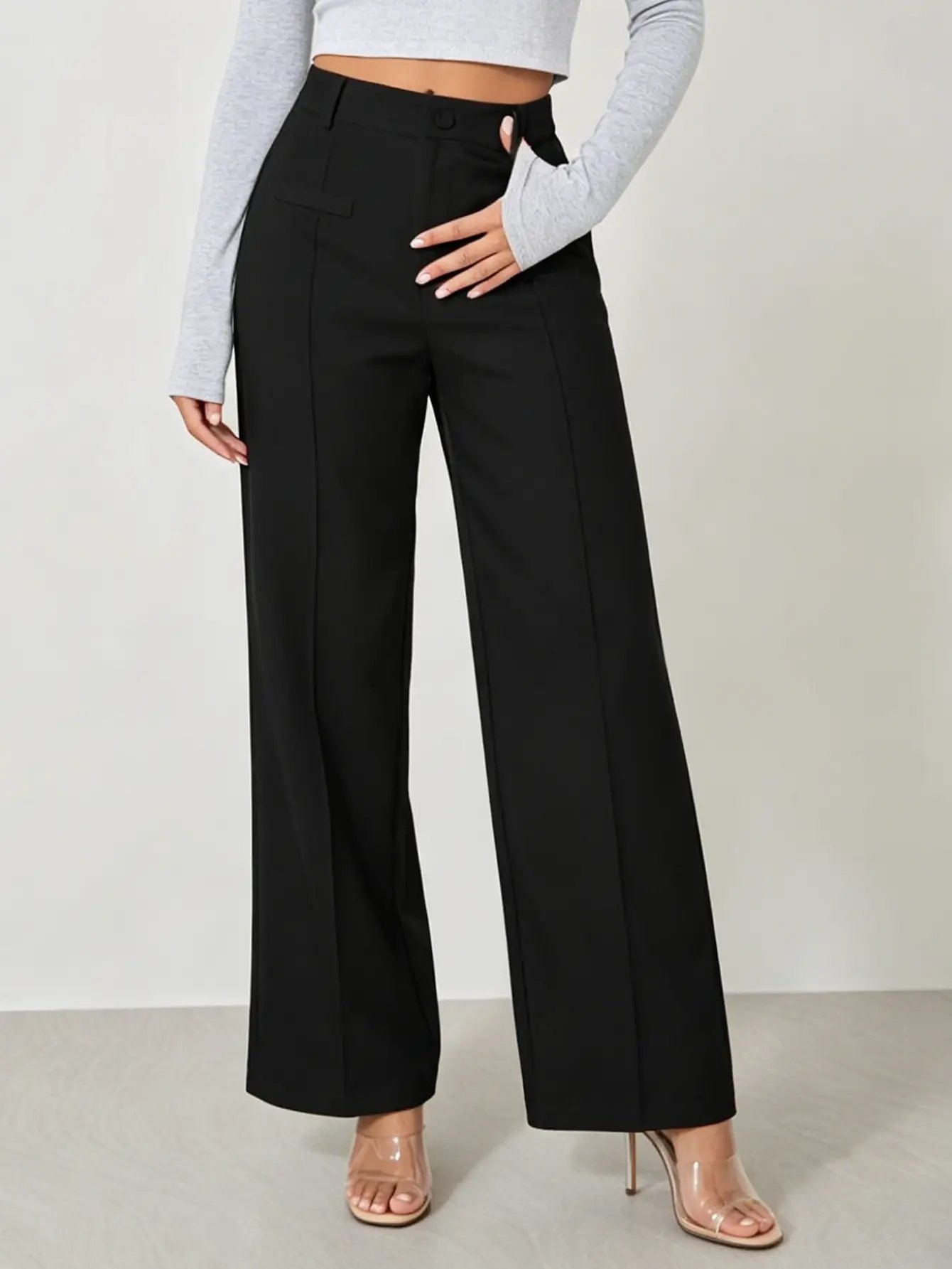 Black High Rise Wide Leg Work Pants