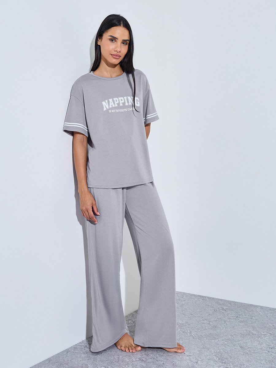 Grey Slogan Print T-Shirt and Wide Leg Pants Pyjama Set