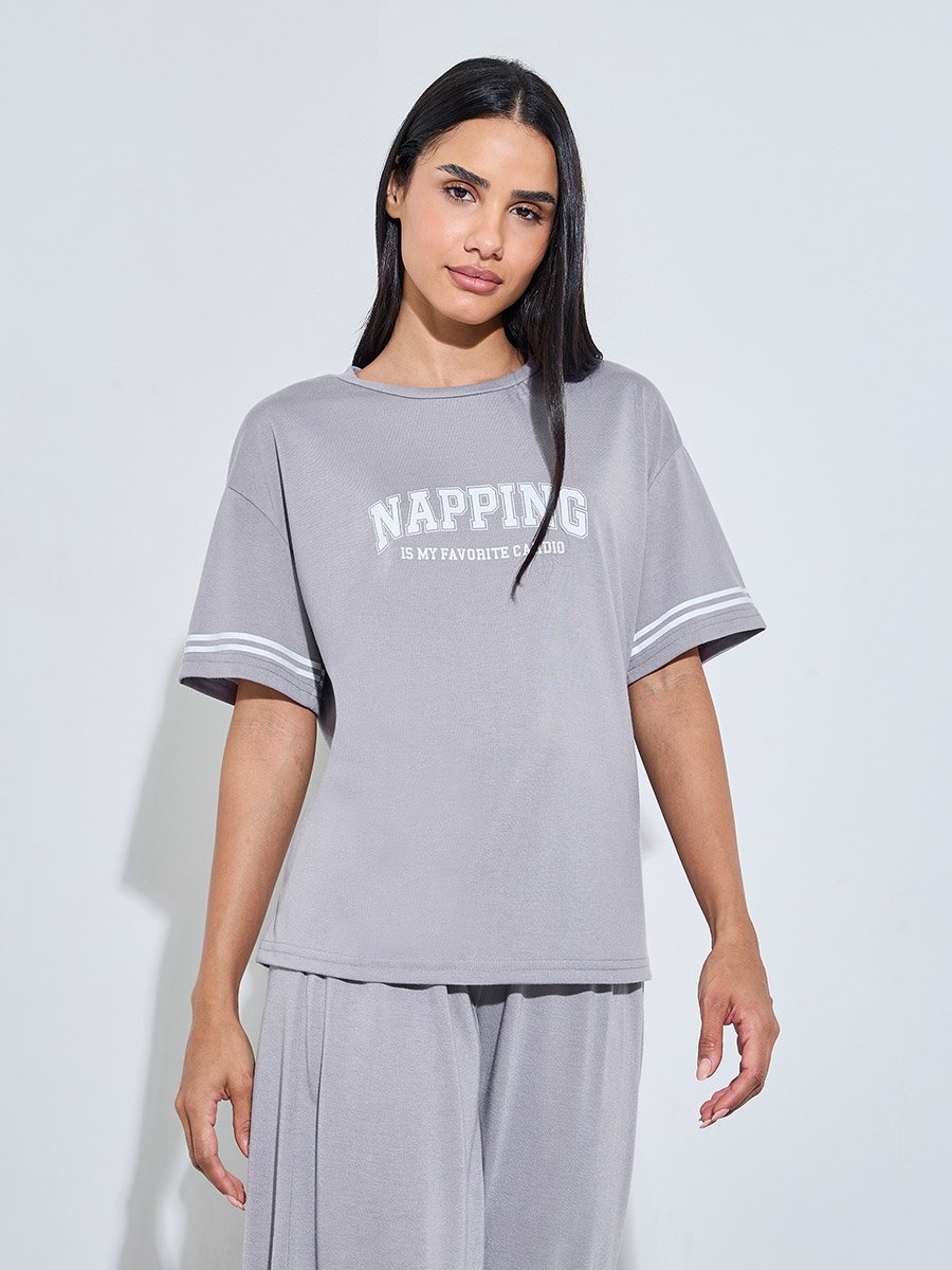 Grey Slogan Print T-Shirt and Wide Leg Pants Pyjama Set