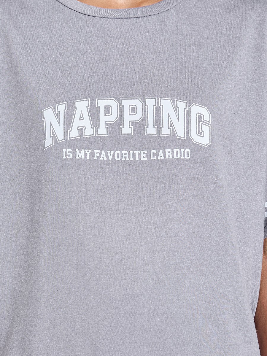 Grey Slogan Print T-Shirt and Wide Leg Pants Pyjama Set