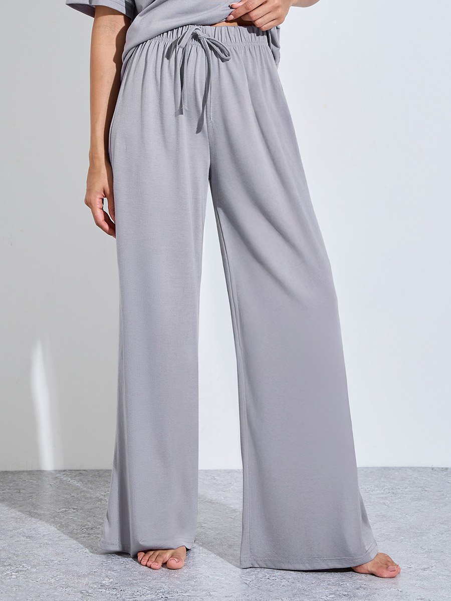 Grey Slogan Print T-Shirt and Wide Leg Pants Pyjama Set