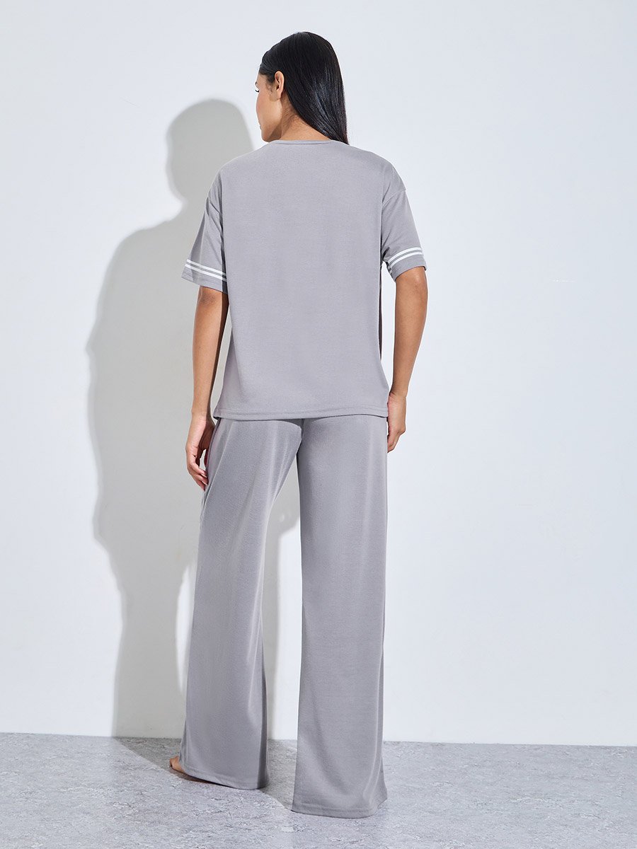 Grey Slogan Print T-Shirt and Wide Leg Pants Pyjama Set