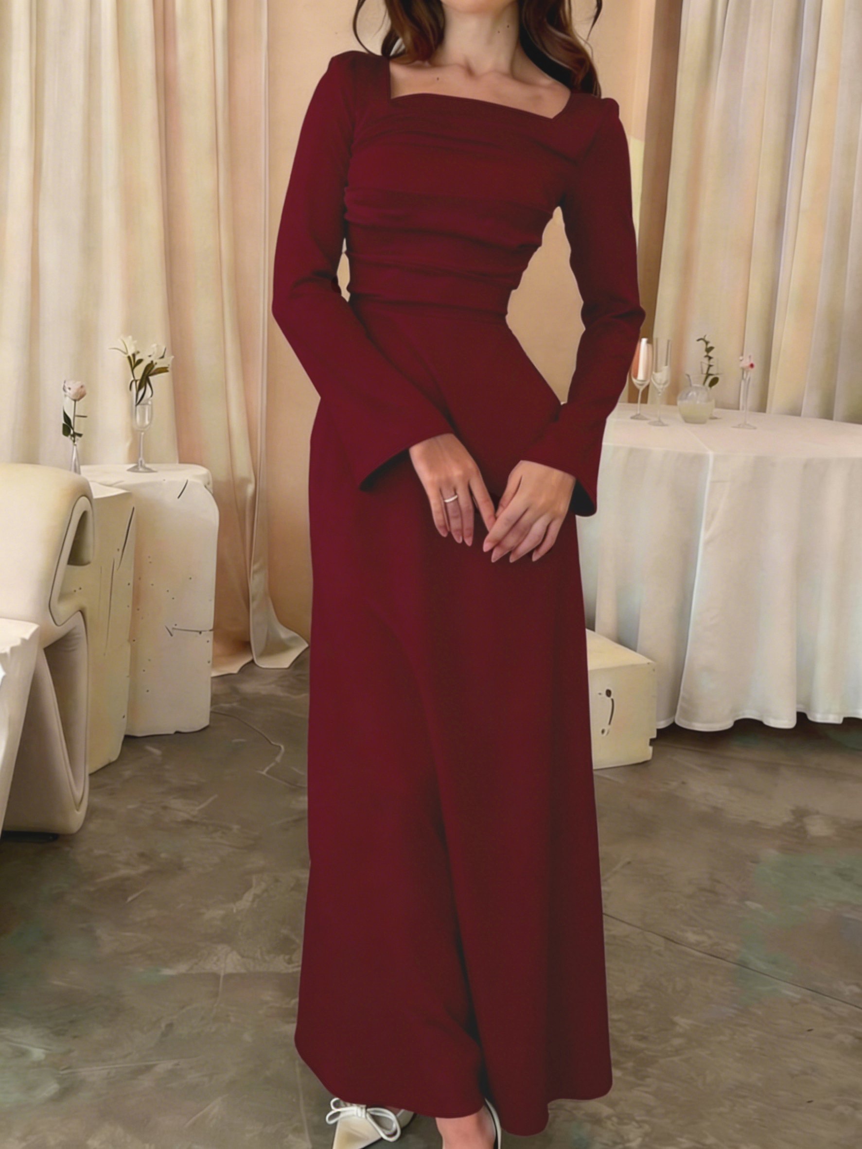 Burgundy Solid Square Neck Maxi Dress