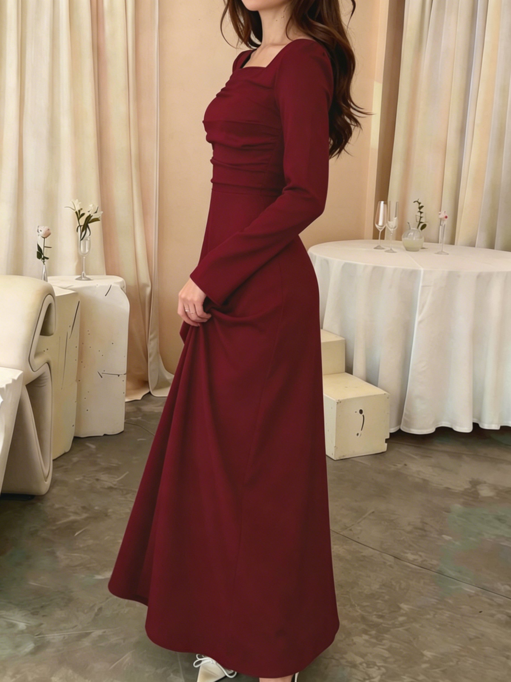 Burgundy Solid Square Neck Maxi Dress