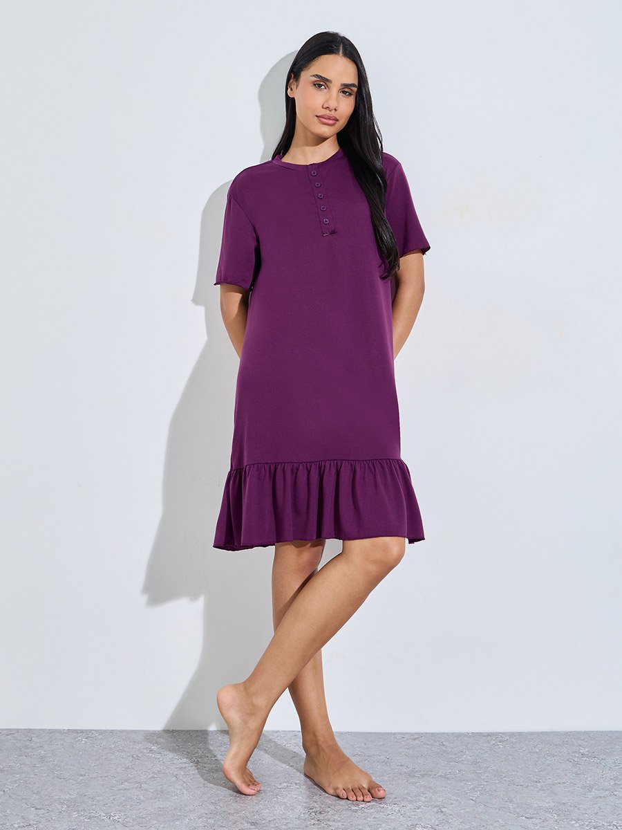 Purple Solid Ruffled Hem T-Shirt Midi Nightdress