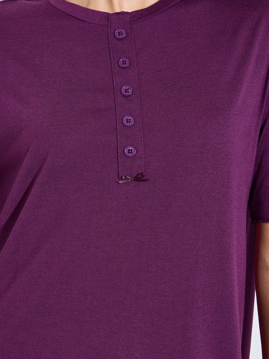 Purple Solid Ruffled Hem T-Shirt Midi Nightdress