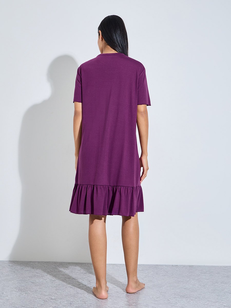 Purple Solid Ruffled Hem T-Shirt Midi Nightdress