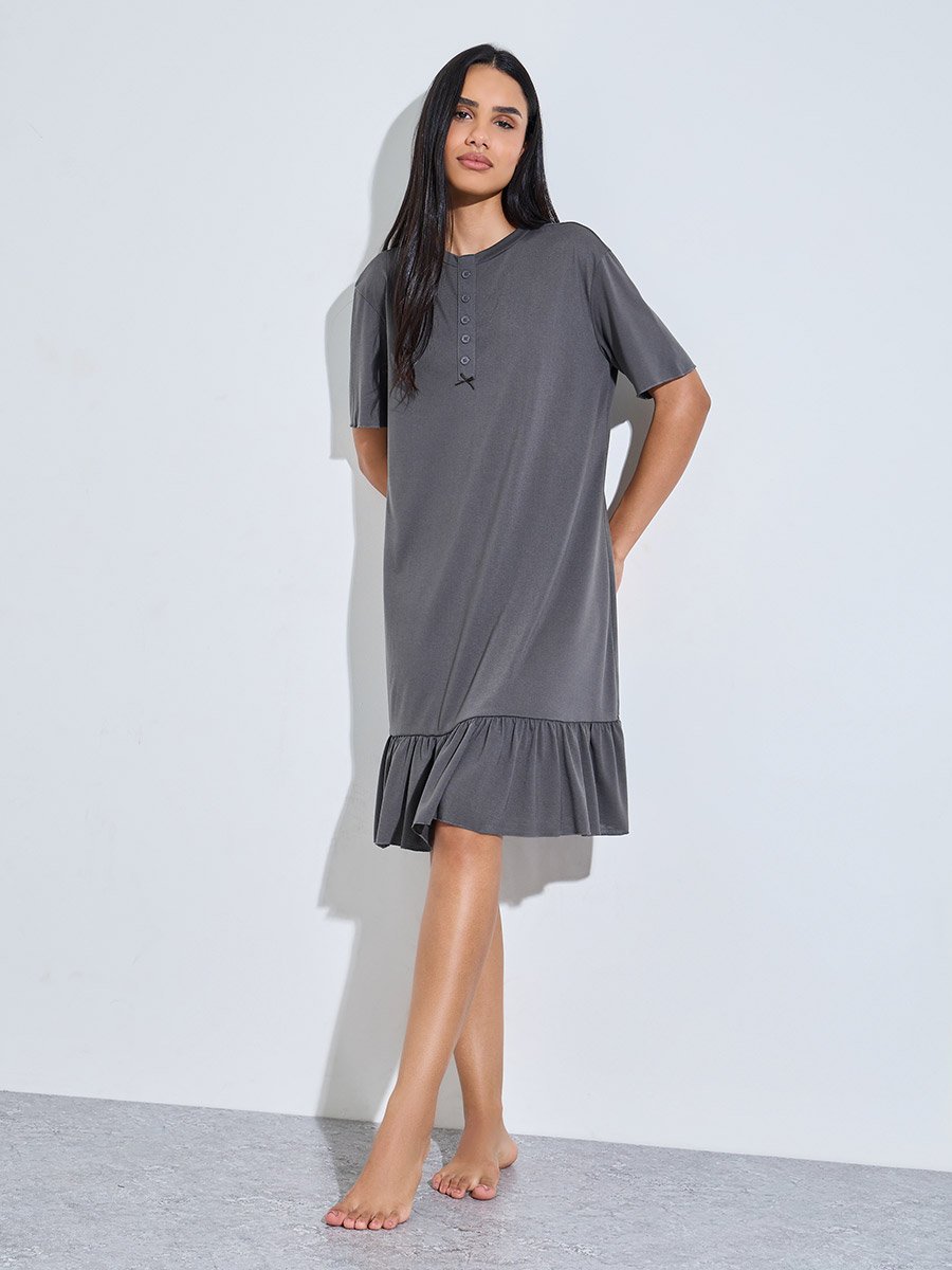 Charcoal Solid Ruffled Hem T-Shirt Midi Nightdress