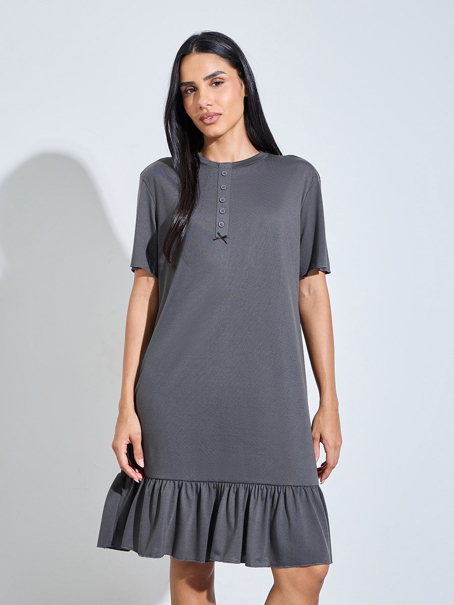 Charcoal Solid Ruffled Hem T-Shirt Midi Nightdress