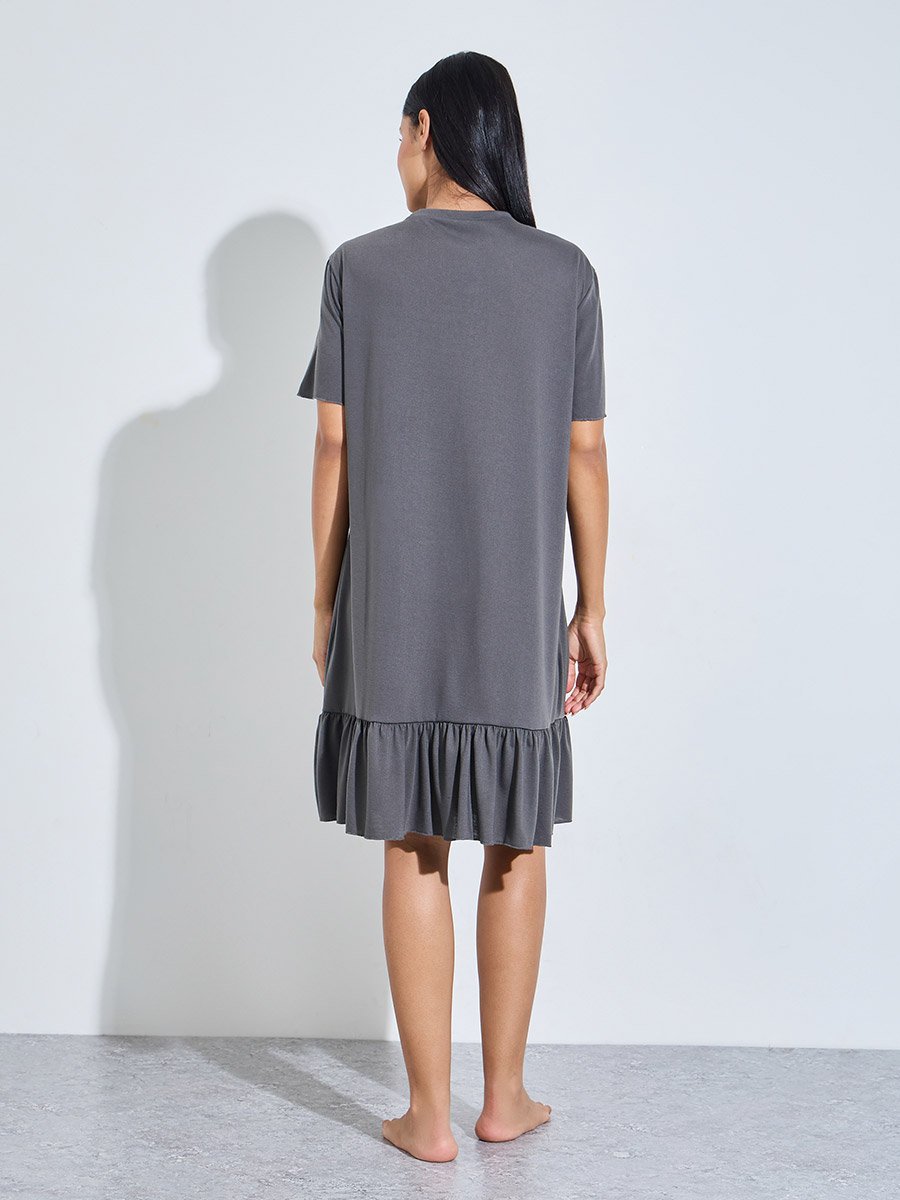 Charcoal Solid Ruffled Hem T-Shirt Midi Nightdress