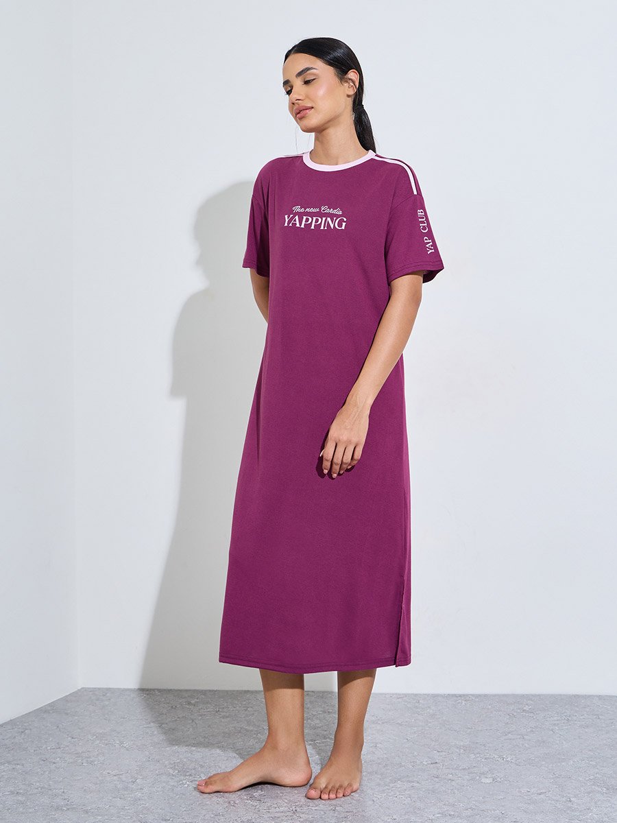 Burgundy Slogan Print Short Sleeves Sleep T-Shirt Dress