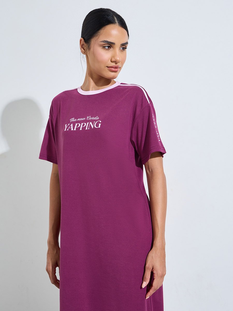 Burgundy Slogan Print Short Sleeves Sleep T-Shirt Dress