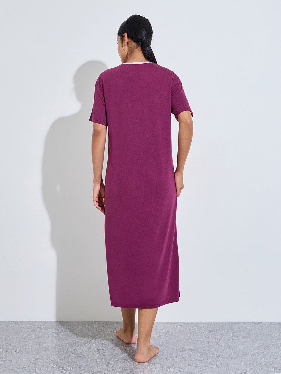 Burgundy Slogan Print Short Sleeves Sleep T-Shirt Dress