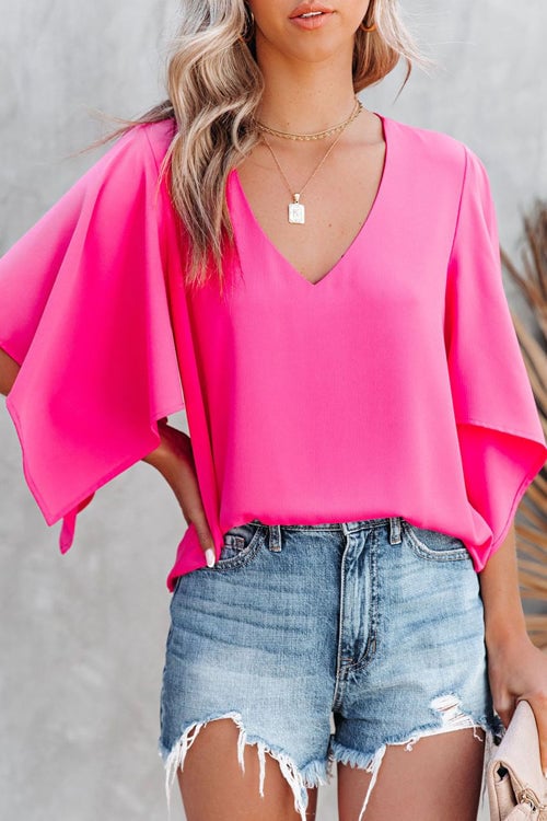 Pink V-Neck Short Sleeve Blouse