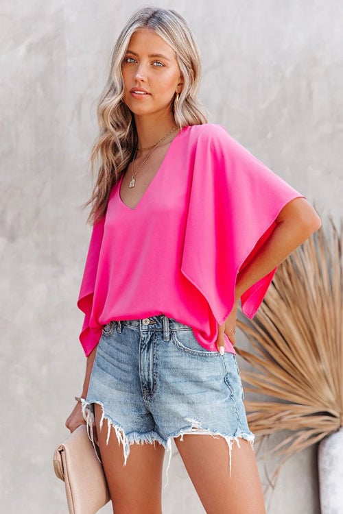 Pink V-Neck Short Sleeve Blouse