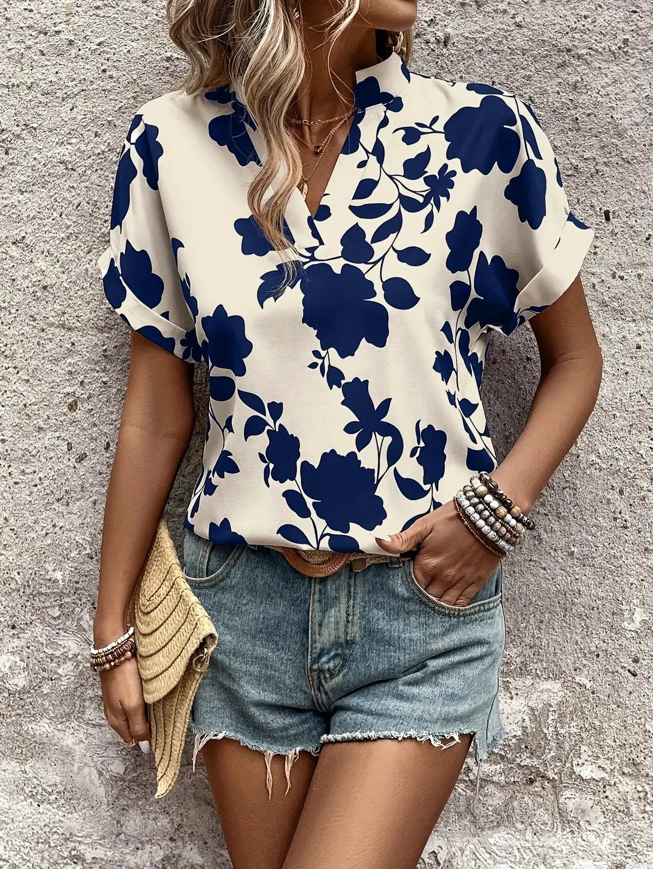 Multi-Color Floral Print V-Neck Short Sleeve Blouse