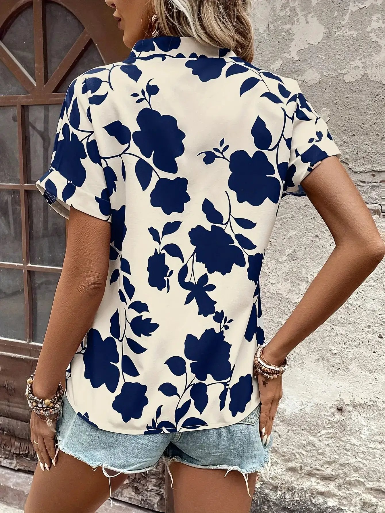 Multi-Color Floral Print V-Neck Short Sleeve Blouse