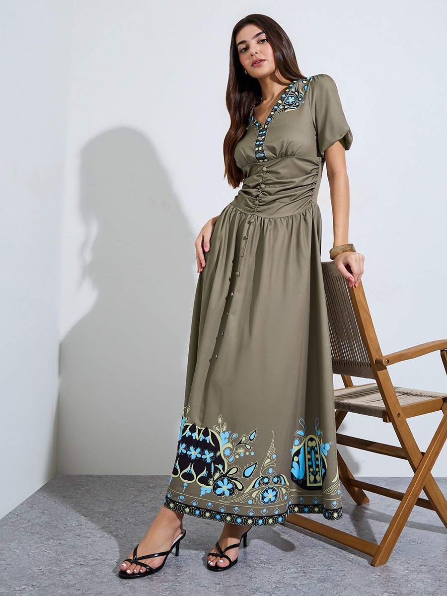 Green Hem-Placement Print A-Line Maxi Dress
