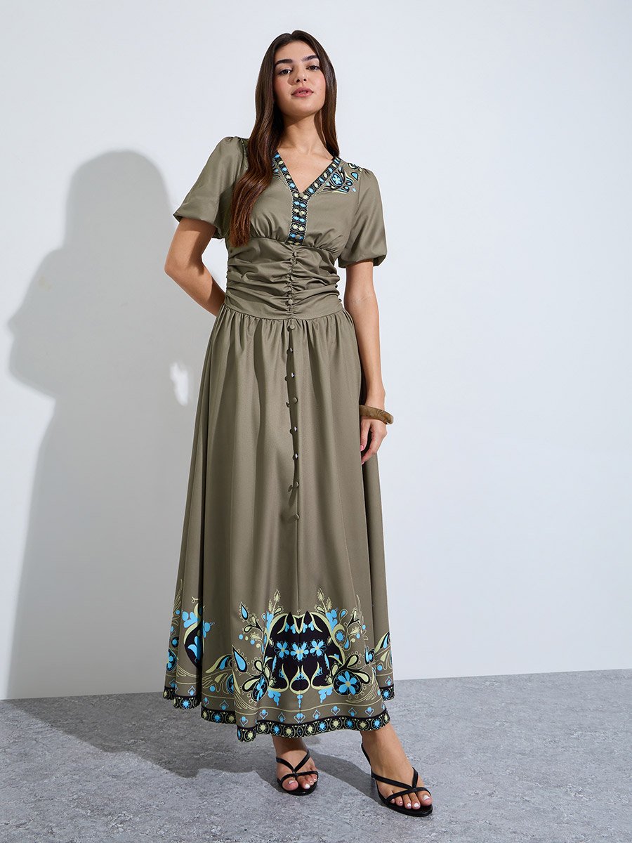 Green Hem-Placement Print A-Line Maxi Dress