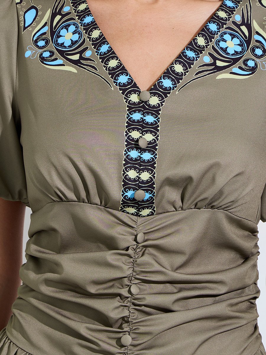 Green Hem-Placement Print A-Line Maxi Dress