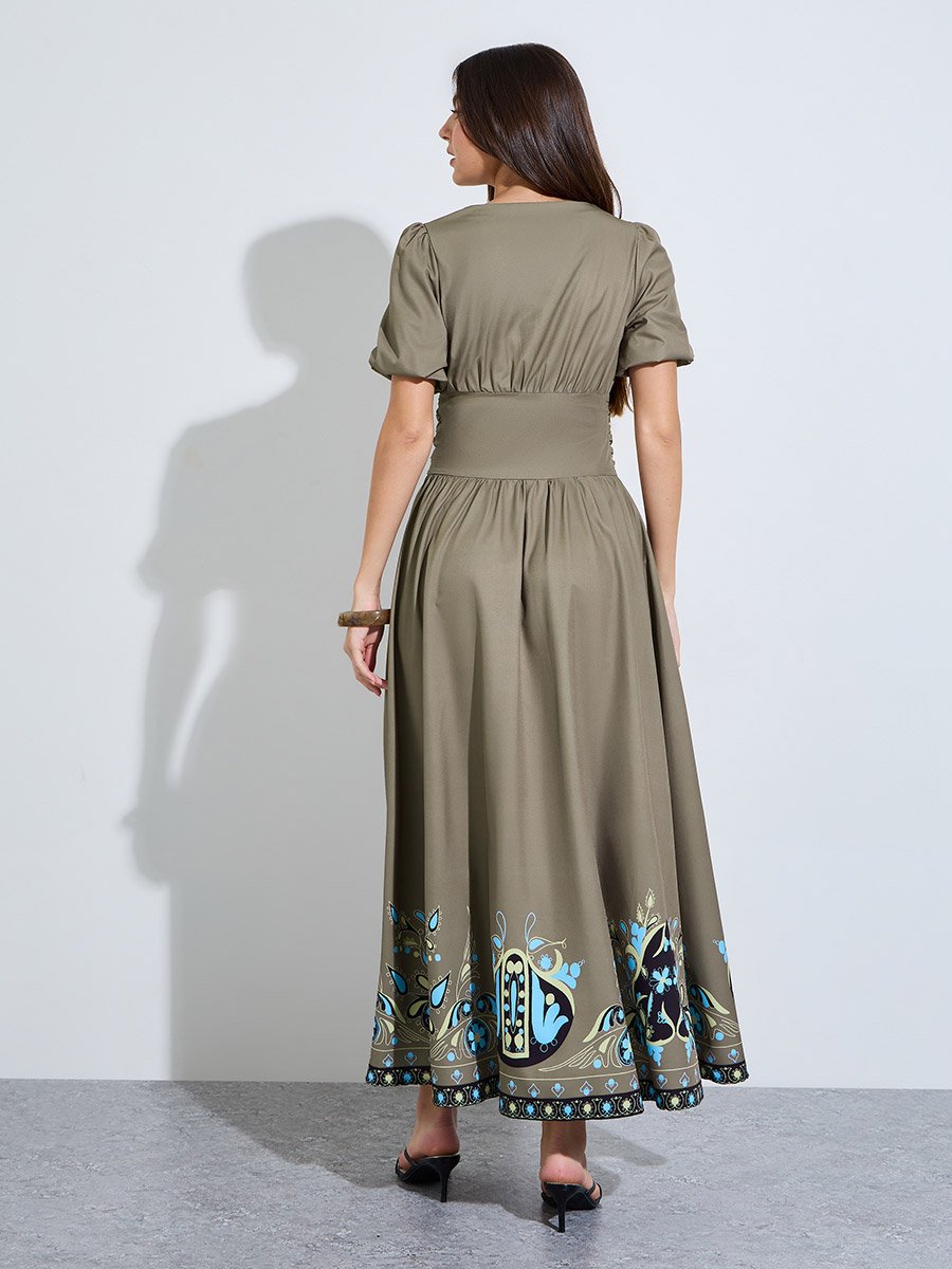 Green Hem-Placement Print A-Line Maxi Dress