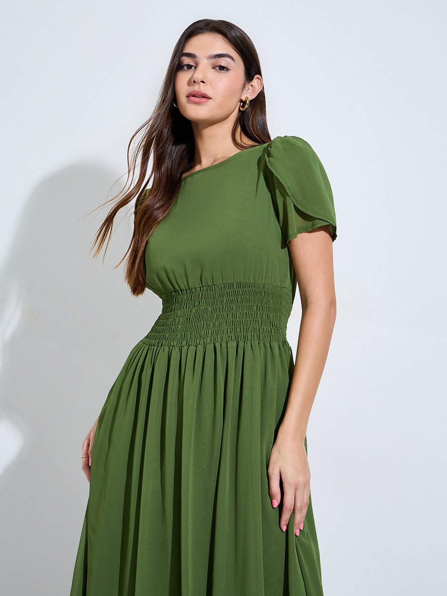Green A-Line Maxi Dress with Shirred Waist