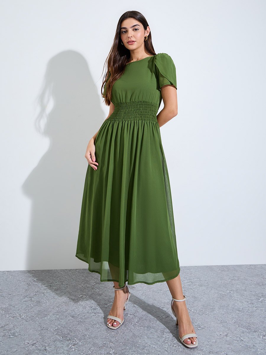 Green A-Line Maxi Dress with Shirred Waist