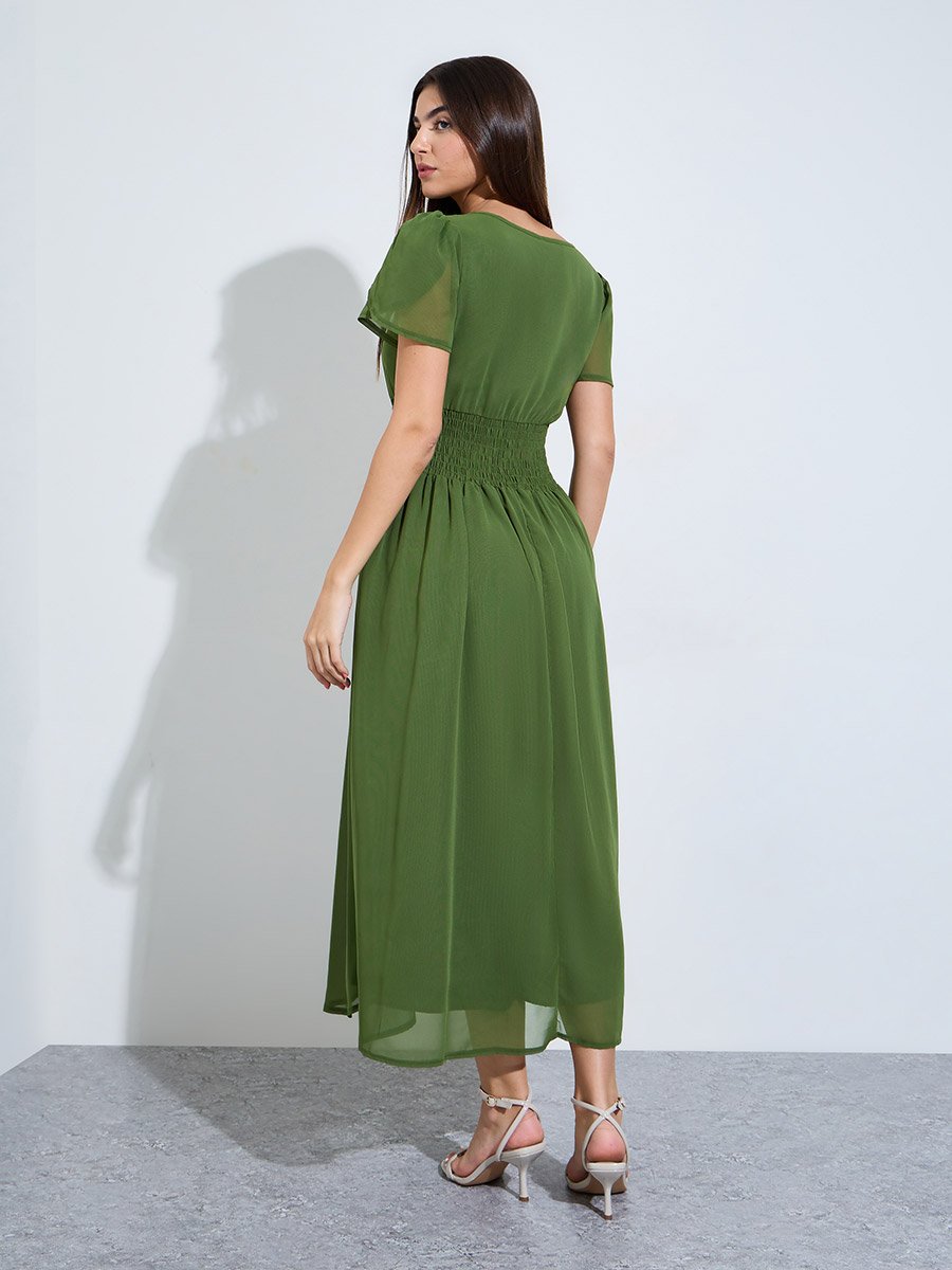 Green A-Line Maxi Dress with Shirred Waist