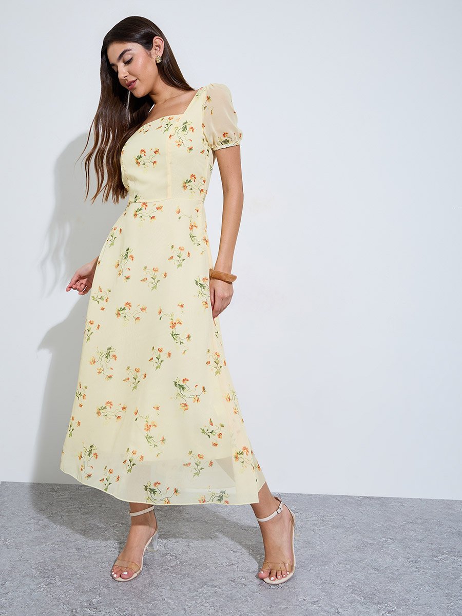 Yellow Floral Square Neck A-Line Midi Dress
