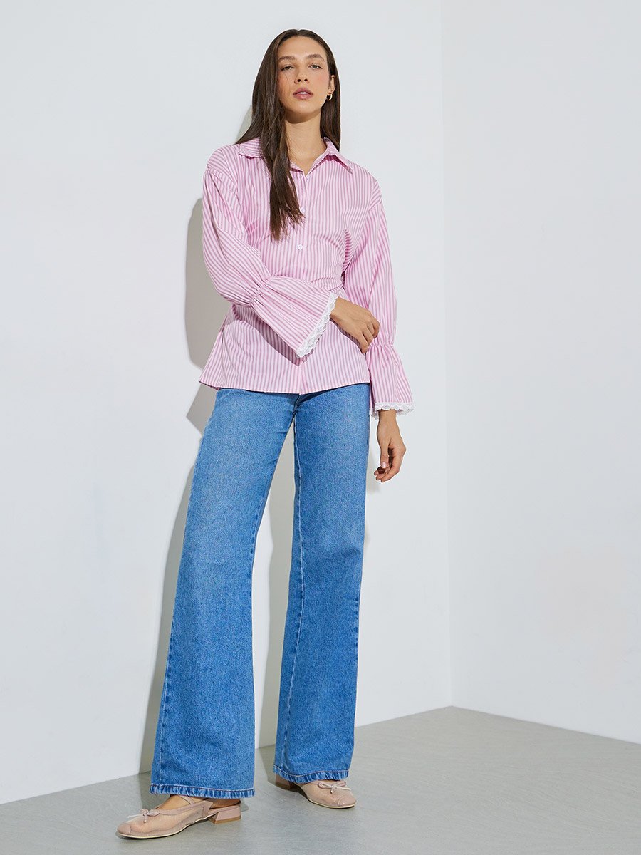 Pink Striped Long Sleeve Casual Shirt