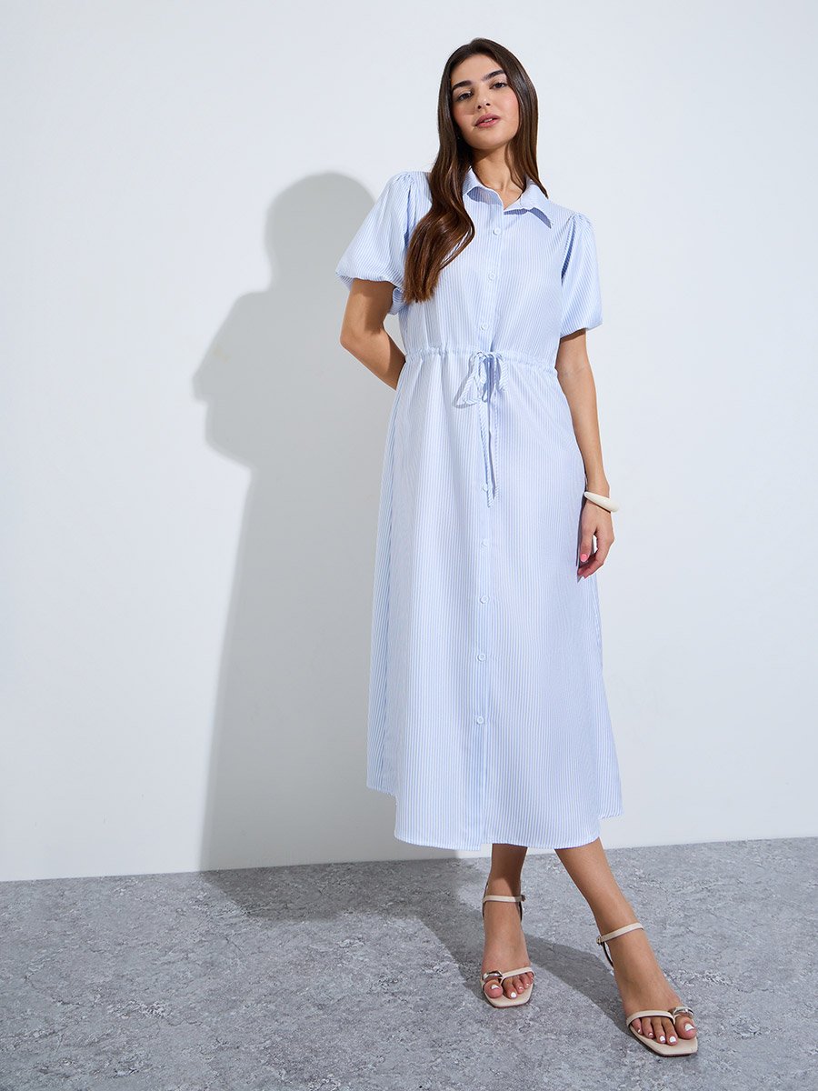 Blue Striped Shirt Midi Dress