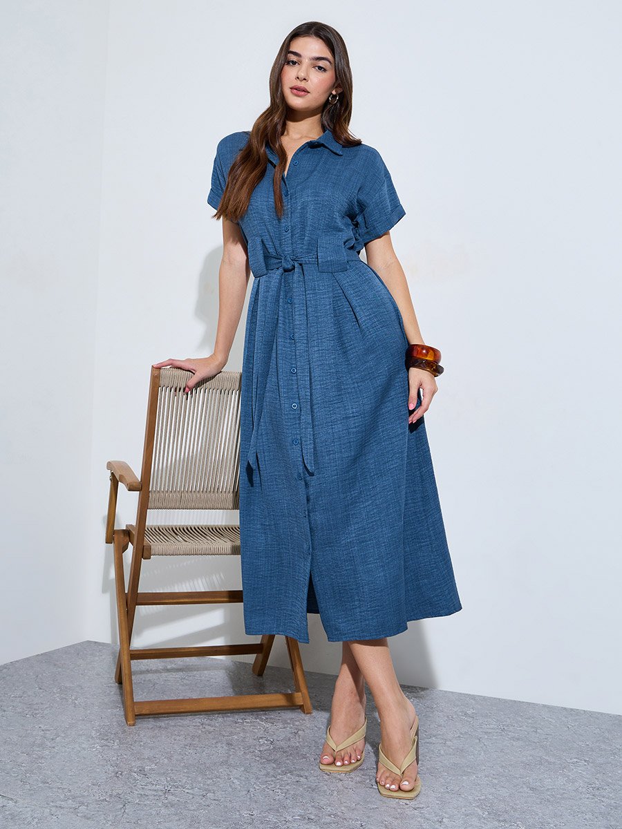 Blue Shirt Midi Dress with Tie-Belt