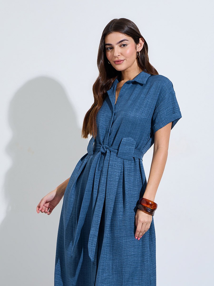 Blue Shirt Midi Dress with Tie-Belt