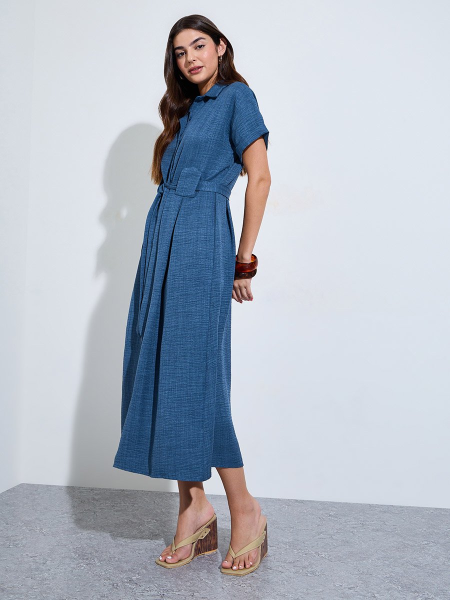 Blue Shirt Midi Dress with Tie-Belt
