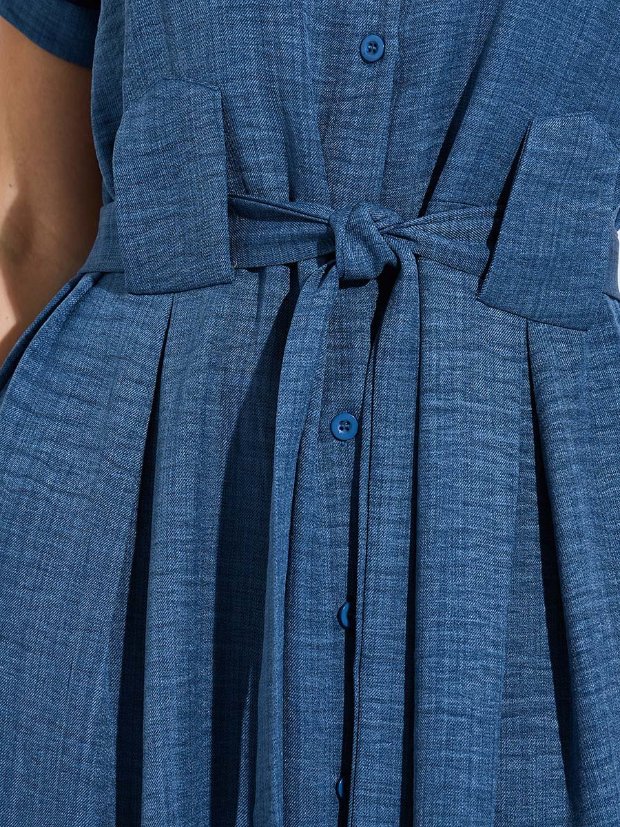 Blue Shirt Midi Dress with Tie-Belt