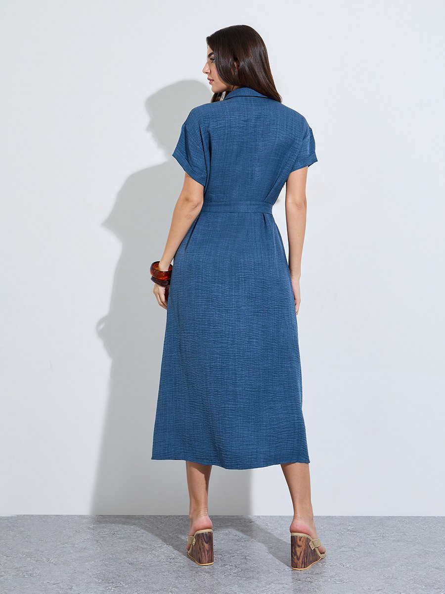Blue Shirt Midi Dress with Tie-Belt