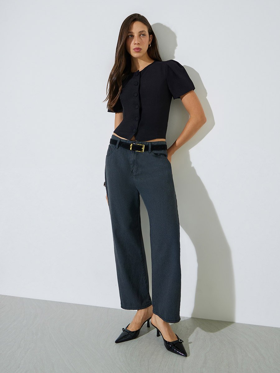 Black Puff Sleeves Fitted Blouse